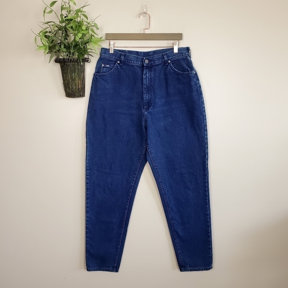Lee 12 Vintage 80s High Rise Tapered Leg Dark Stone Wash Relaxed Mom Jeans